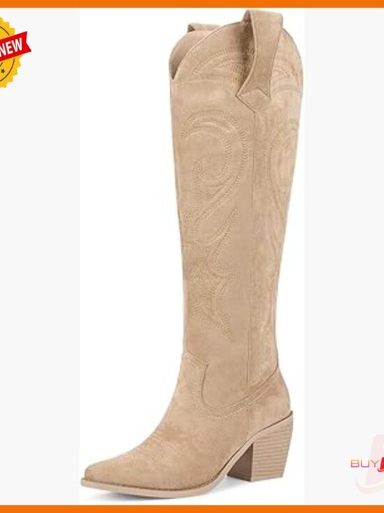 Shoes - Knee High Cowboy Boots with Side Zipper, 3 Inch Heel, Faux Suede